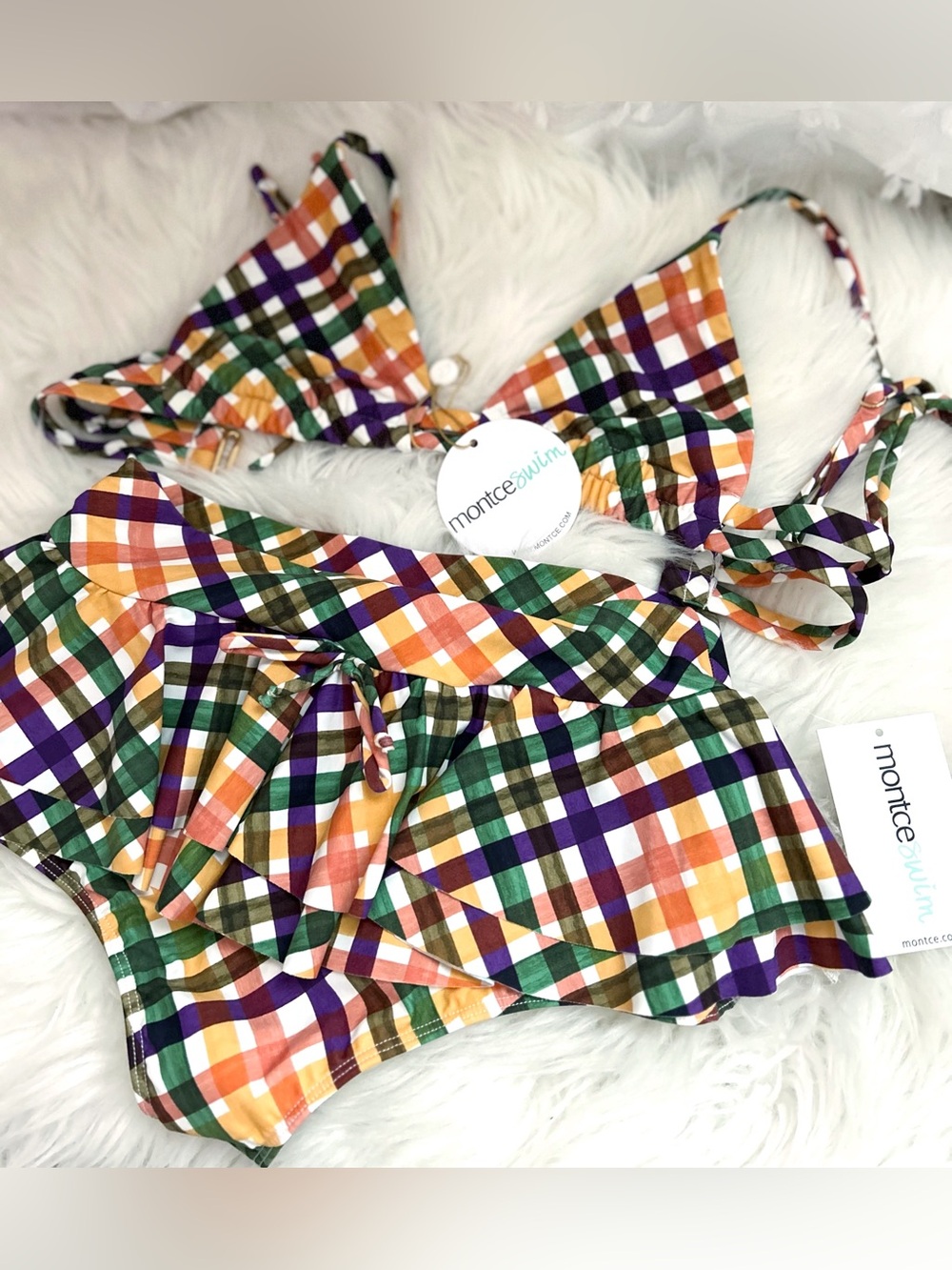 NWT Montce Summer Plaid Bikini 2pc Swim Set Palua Top Ruffle Hot Short Bottom ML